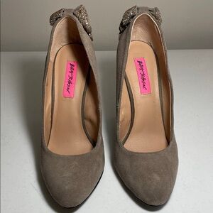 Betsey Johnson Taupe Suede Pointed Toe Pumps with Crystal Bow Accent